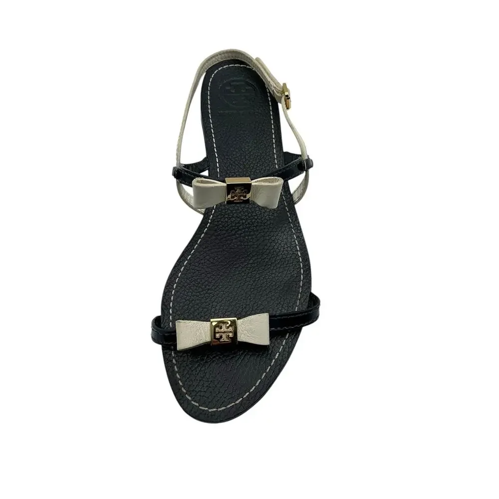 Tory Burch Kailey Bow Strappy Sandal Leather Black Cream Logo 10‎